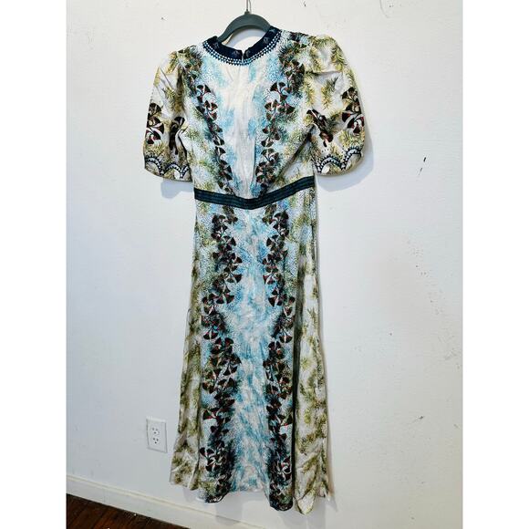 SALONI Blue White Floral Tabitha Feather Papyrus 100% Silk Midi Dress Size US 0 - Picture 12 of 16